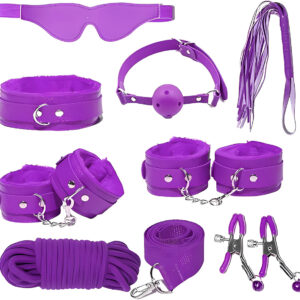 Kit Sado 8 Piezas Esposas Latigo Antifaz Mordaza Pinzas Soga